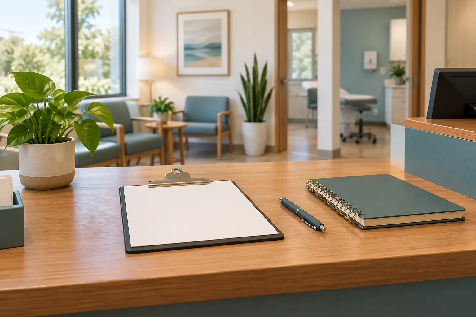 Illustration of a warm-toned desk with paperwork and small everyday objects.